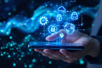 Cybersecurity technology with digital icons above smartphone.