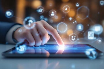 Futuristic technology interface with a digital touch on a tablet.