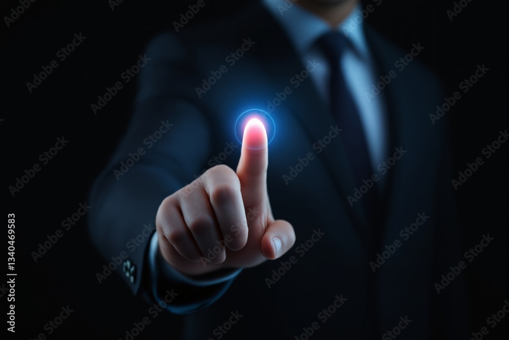 Poster businessman interacting with virtual interface through touch technology.