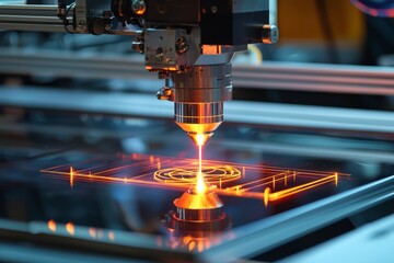 A high-powered laser carves logos into glass panels. The machine moves with steady precision