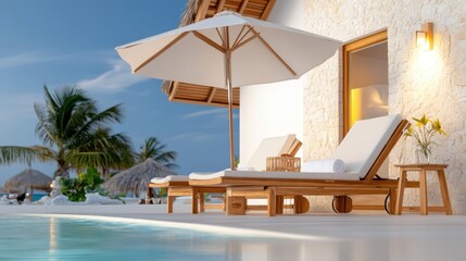 Fototapeta premium Tropical poolside oasis with relaxing chairs.