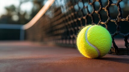 Close-up of a tennis ball resting on a clay court near the net during a sunny outdoor match, symbolizing competition, focus, and athletic precision in the sport of tennis




