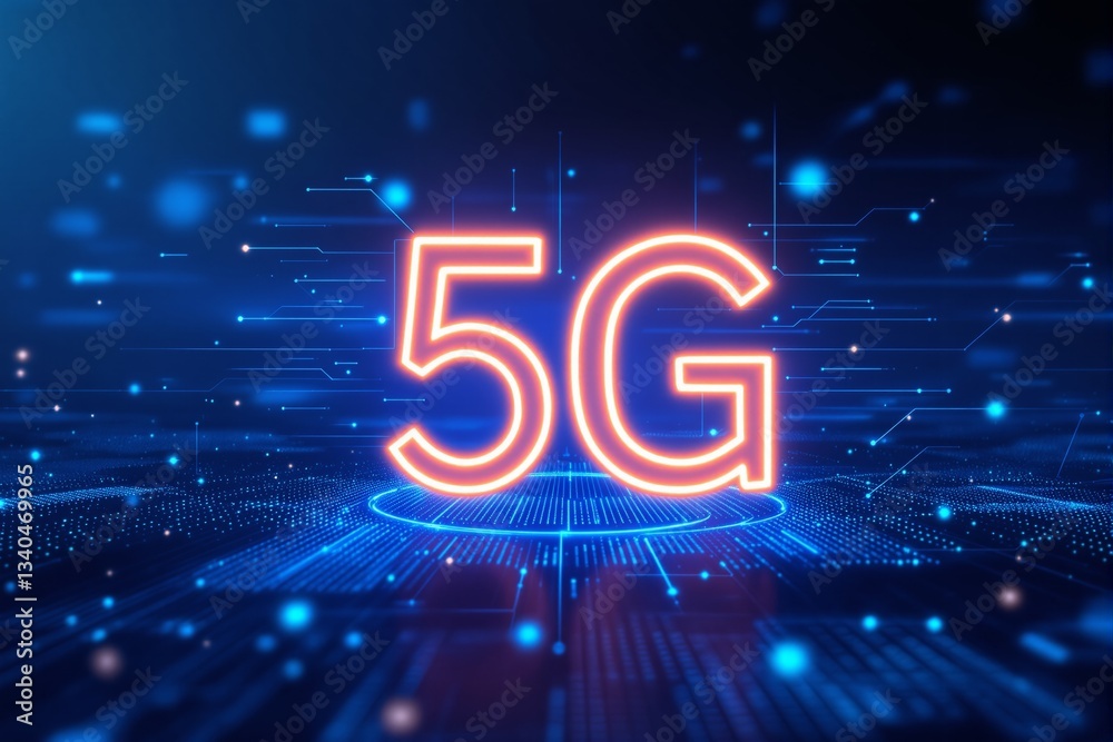 Aufkleber futuristic 5g technology concept with glowing neon text on a digital network background.