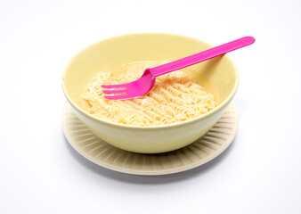 Instant noodles put hot water in a bowl