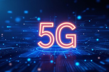 Futuristic 5G technology concept with glowing neon text on a digital network background.
