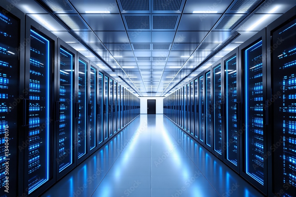 Aufkleber futuristic data center corridor with glowing server racks.