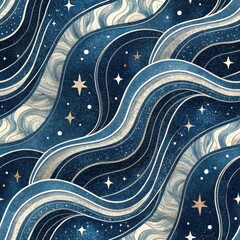 Seamless Starry Waves Pattern Design Digital Art Textile Cosmic Aesthetic Appeal
