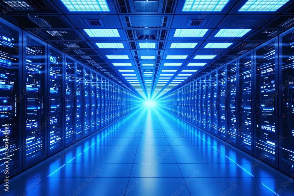 Poster futuristic data center corridor with glowing blue server racks.