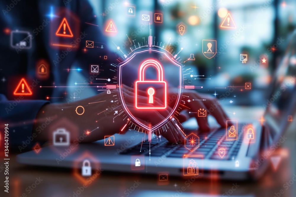 Poster cybersecurity concept with glowing lock icon on digital shield.
