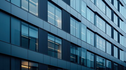 Modern architectural facade with blue glass windows reflecting light in an urban environment showcasing geometric lines and contemporary design elements