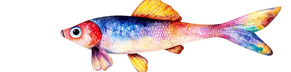 Adorable watercolor cartoon fish, isolated on white background, with bright, playful colors and a cheerful design.