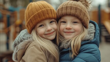 Obraz premium Adorable Blonde and Brunette Girls Embracing in Winter Hats Outdoor Playground Fun