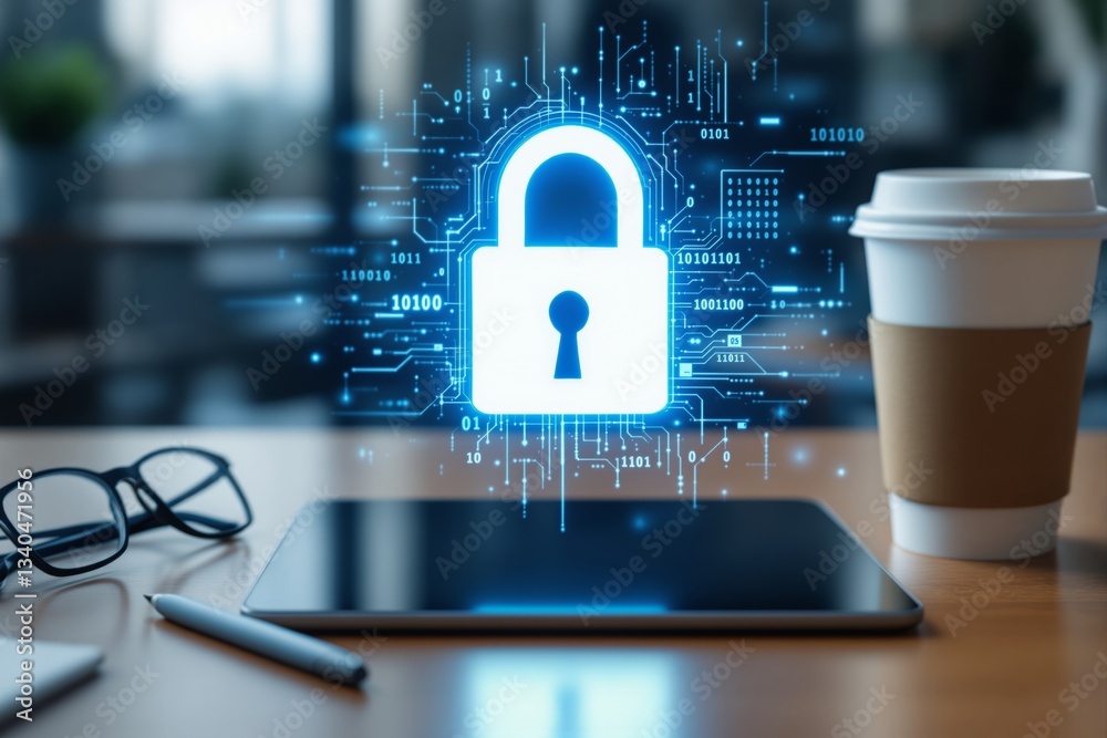 Aufkleber cybersecurity digital padlock with technology circuit on tablet.