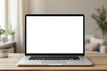Fototapeta premium Laptop with blank white screen on wooden desk in cozy home interior.