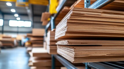 Obraz premium Stacks of Plywood Sheets Organized on Metal Shelving in a Modern Warehouse with Soft Natural Lighting and Industrial Setting