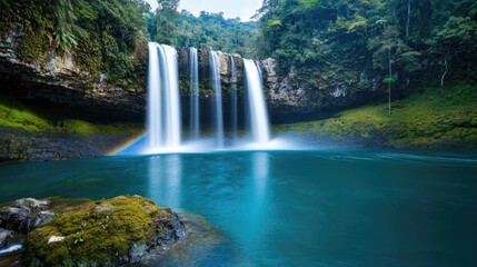 Naklejka premium Rainbow waterfall landscapes pristine concept. A serene waterfall cascading into a tranquil blue pool surrounded by lush greenery.