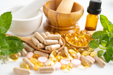 Alternative medicine herbal organic capsule, mineral, drug with herbs leaf natural supplements for...