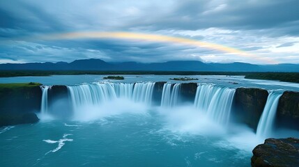 Fototapeta premium Rainbow waterfall landscapes pristine concept. Stunning waterfall under a dramatic sky with a rainbow creating a serene atmosphere.