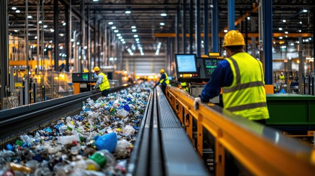 Workers Sorting Recyclable Materials at Waste Management Facility, Conveyors Full of Plastic, Glass, and Metal Scraps in Industrial Setting