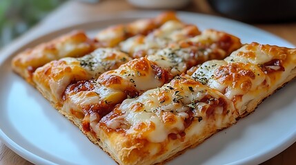 Homemade puff pastry pizza on a plate with apple
