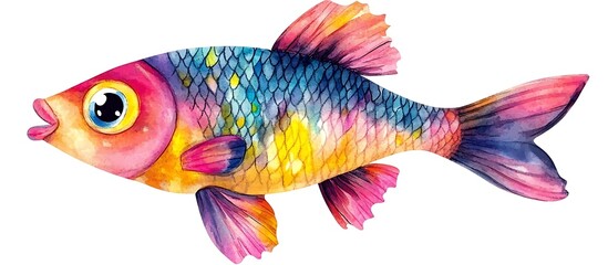 Adorable watercolor cartoon fish, isolated on white, featuring playful and vivid colors in a charming design.