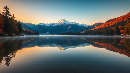 Fototapeta premium Autumn Sunrise Over a Serene Mountain Lake with Perfect Reflection in Japan