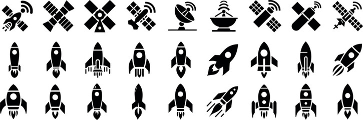 Rocket and satellite silhouette set, antenna, spaceship, spacecraft icon, launch, orbit, technology, space, aerospace icons set. Futuristic rocket launch, satellite communication and space exploration