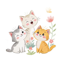 Title: Three Happy Kittens Amongst Flowers and Butterflies [with spaces]