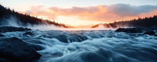River rapids landscapes tranquility concept. river, rapids, dramatic, harmonious, glowing, landscapes Stunning sunset over a rushing river with mist and mountainous backdrop.