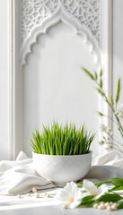 Minimalist Navruz Celebration with Wheatgrass and Elegant Islamic Design