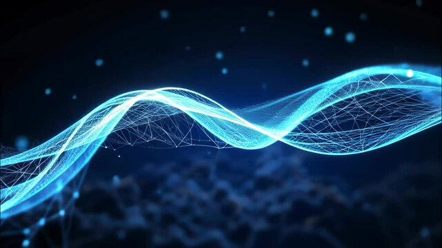 Futuristic digital blue wave with glowing particles and connected lines forming an abstract cyber technology background. 