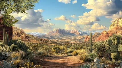 Naklejka premium Scenic desert landscape with expansive mountain views