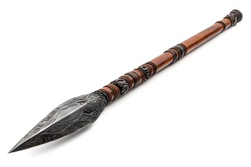 Ancient African spear with intricately carved wooden shaft and a sleek metal head, isolated on white. Full ultra HD,