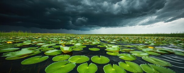 Naklejka premium Water lily pond landscapes harmony concept. Serene water lily pads beneath a dramatic stormy sky, a perfect natural landscape.
