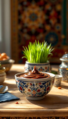 Minimalist Navruz Celebration with Wheatgrass and Elegant Islamic Design
