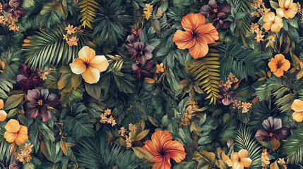 Fototapeta premium Seamless floral pattern featuring vibrant blossoms design, Vibrant flowering plants showcase seasonal flowers and lush green leaves, floral patters and leaves background for invitation card and decor.