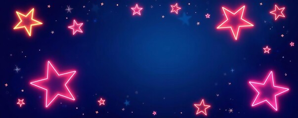 Seamless pattern of glowing neon stars in various sizes on a deep blue background, night, bright, glowing