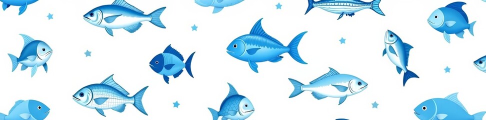Fototapeta premium Seamless pattern of vibrant blue marine fish animal icons on a white background, underwater, school