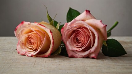Naklejka premium Two peach roses on light wooden surface