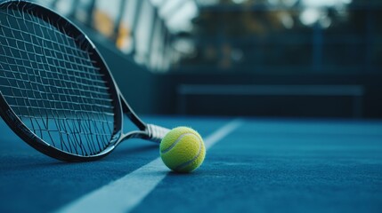 Bright green tennis ball resting near a tennis racket on a clay court with soft shadows and blurred net in background, capturing precision, focus, and energy in outdoor competitive tennis.




