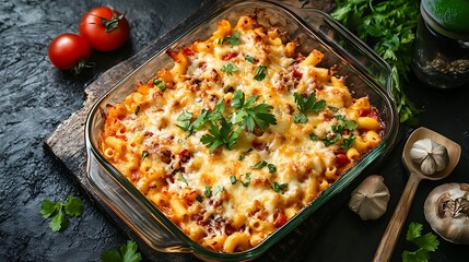 Homemade southwest macaroni and cheese in a glass baking dish