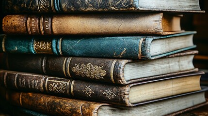 Stack of antique books, leather-bound, historical collection, scholarly