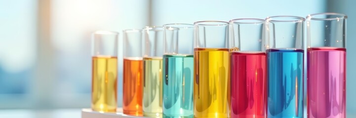 Fototapeta premium Close-up of scientific glassware with colorful liquids in test tubes on white background, technology, research