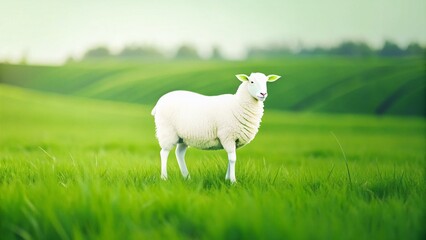 Obraz premium Minimalist Sheep Farm Logo: Simple White Sheep on Green Pasture