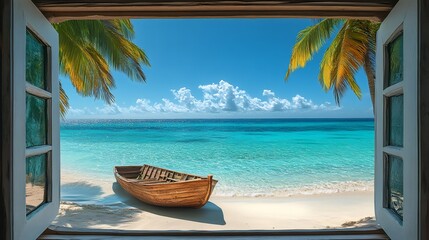 Wooden boat resting on sandy beach seen through open window with palm trees © creative