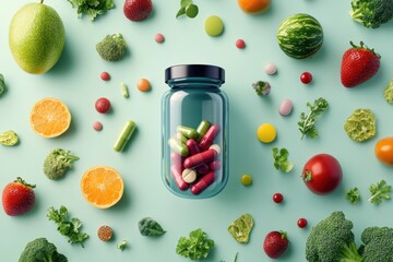 A digital health ad with an open supplement capsule and illustrated fruit and vegetable icons surrounding it.