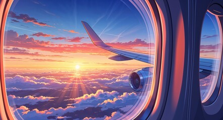 Jetliner Wing View with Scenic Sunset Horizon from Window Seat