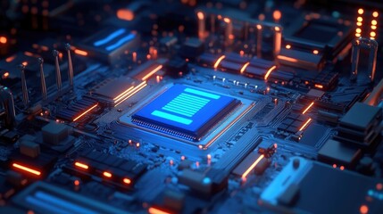 Obraz premium Close Up View Of A Glowing Blue Microchip On A Complex Circuit Board With Orange Accents, High Definition Image With Strong Focus On Components And Patterns, Detailed View Of Electronic Circuitry, A