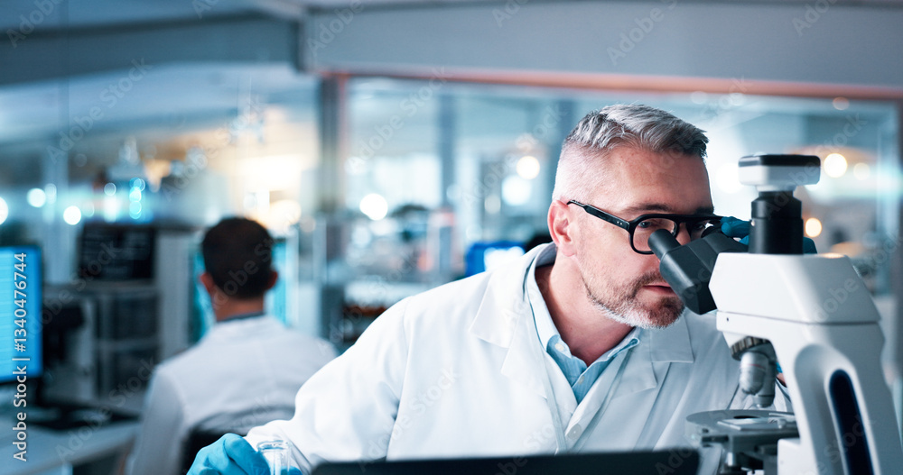 Aufkleber research, man and scientist with microscope in laboratory for medical study with dna analysis. exper