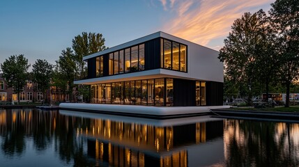 Fototapeta premium Modern architectural building reflecting in calm water during sunset with trees surrounding the serene setting and vibrant colors in the sky